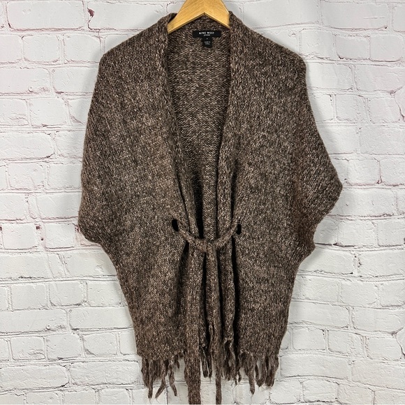 Nine West Sweater Womens Medium Brown Tan Wrap Cardigan poncho Fringe Heathered - Picture 1 of 9